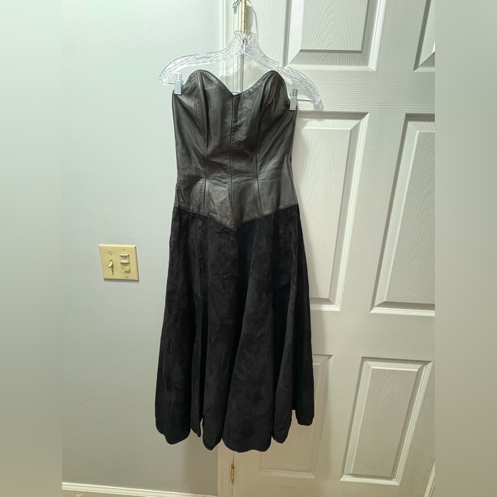 Pre-Owned Vintage Michael Hoban North beach leather/suede strapless midi dress